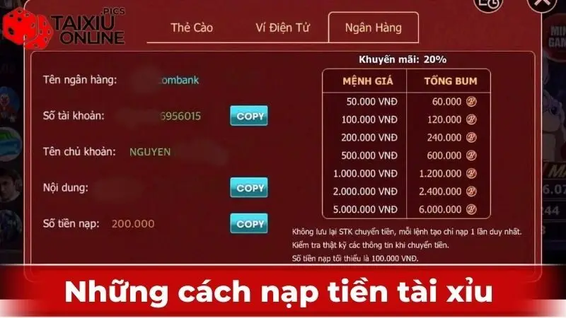 Các cách nạp tiền Tài Xỉu online